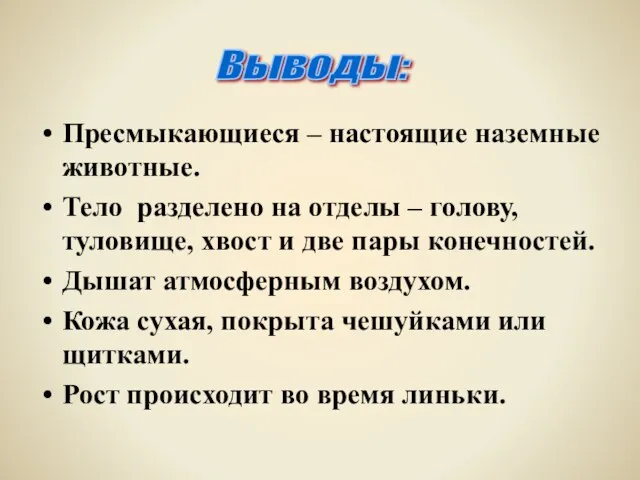 Пресмыкающиеся – настоящие наземные животные. Тело разделено на отделы –