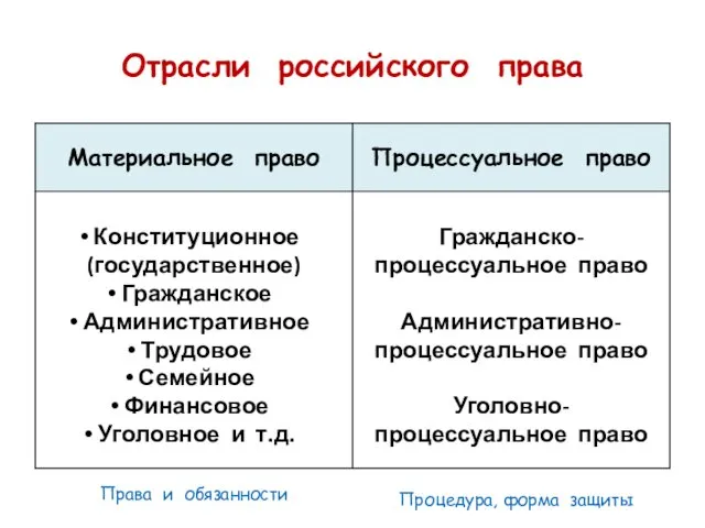 Отрасли российского права Права и обязанности Процедура, форма защиты