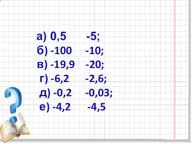 а) 0,5 -5; б) -100 -10; в) -19,9 -20; г)