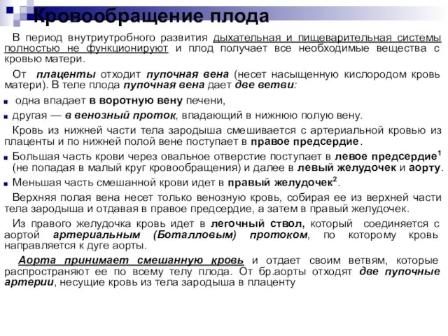 Кровообращение плода В период внутриутробного развития дыхательная и пищеварительная системы