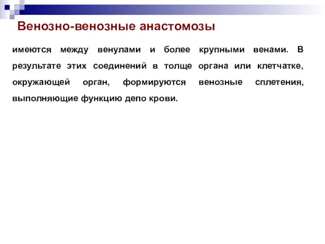 Венозно-венозные анастомозы имеются между венулами и более крупными венами. В