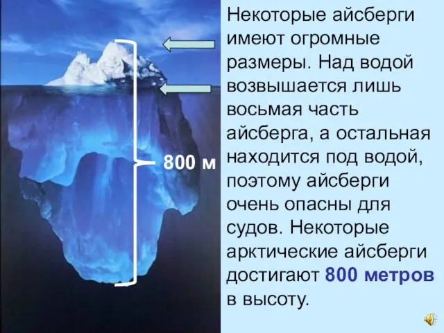 Некоторые айсберги имеют огромные размеры. Над водой возвышается лишь восьмая