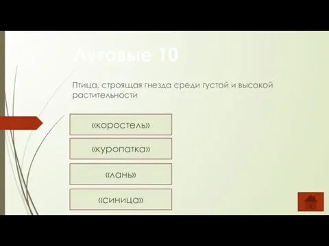 Птица, строящая гнезда среди густой и высокой растительности Луговые 10 «коростель» «куропатка» «лань» «синица»