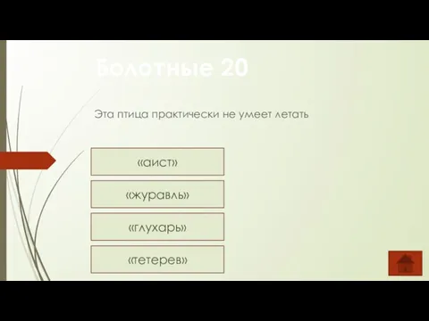 Эта птица практически не умеет летать Болотные 20 «аист» «журавль» «глухарь» «тетерев»