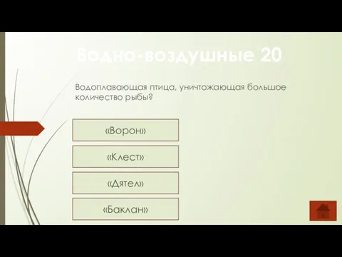 Водоплавающая птица, уничтожающая большое количество рыбы? Водно-воздушные 20 «Ворон» «Клест» «Дятел» «Баклан»