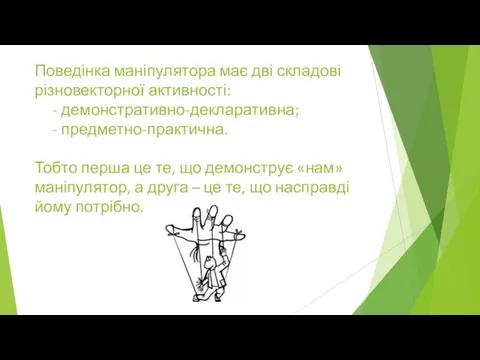 Поведінка маніпулятора має дві складові різновекторної активності: - демонстративно-декларативна; - предметно-практична. Тобто перша