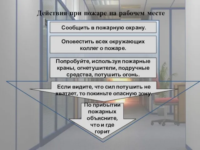 Действия при пожаре на рабочем месте Сообщить в пожарную охрану.