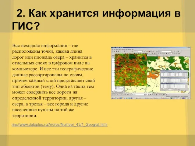 2. Как хранится информация в ГИС? http://www.dataplus.ru/Arcrev/Number_43/1_Geograf.html Вся исходная информация – где расположены