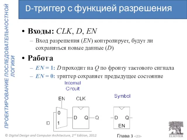 Входы: CLK, D, EN Вход разрешения (EN) контролирует, будут ли