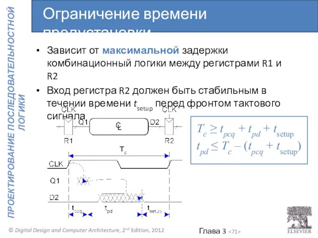 Зависит от максимальной задержки комбинационный логики между регистрами R1 и