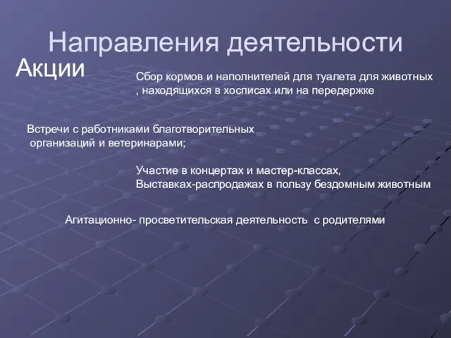 Направления деятельности Акции Сбор кормов и наполнителей для туалета для