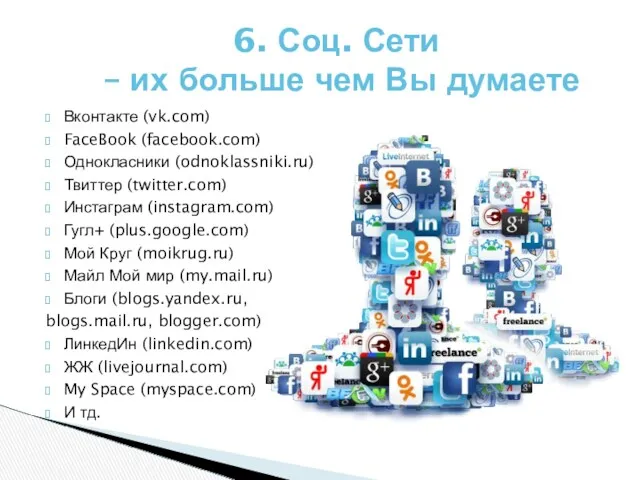 Вконтакте (vk.com) FaceBook (facebook.com) Однокласники (odnoklassniki.ru) Твиттер (twitter.com) Инстаграм (instagram.com)