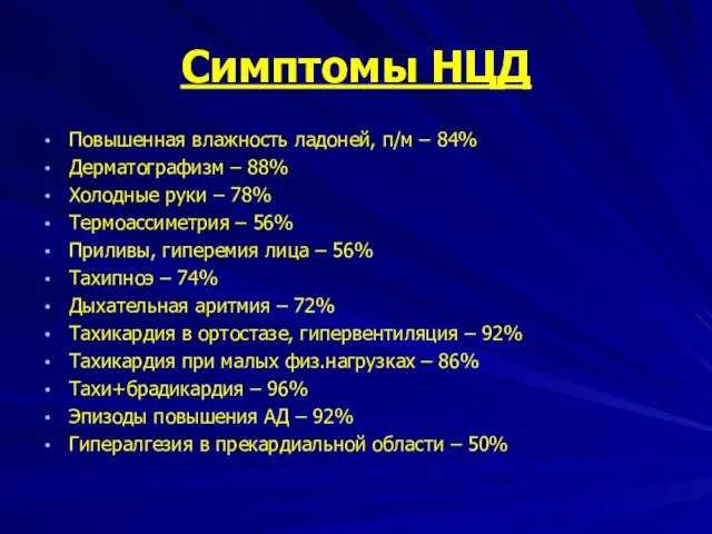 Симптомы НЦД Повышенная влажность ладоней, п/м – 84% Дерматографизм –