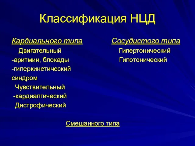 Классификация НЦД Кардиального типа Сосудистого типа Двигательный Гипертонический -аритмии, блокады