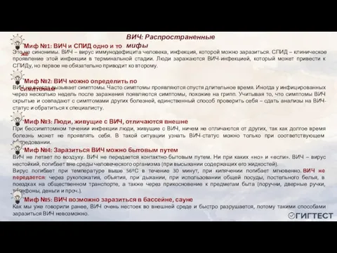 ВИЧ: Распространенные мифы Это не синонимы. ВИЧ – вирус иммунодефицита