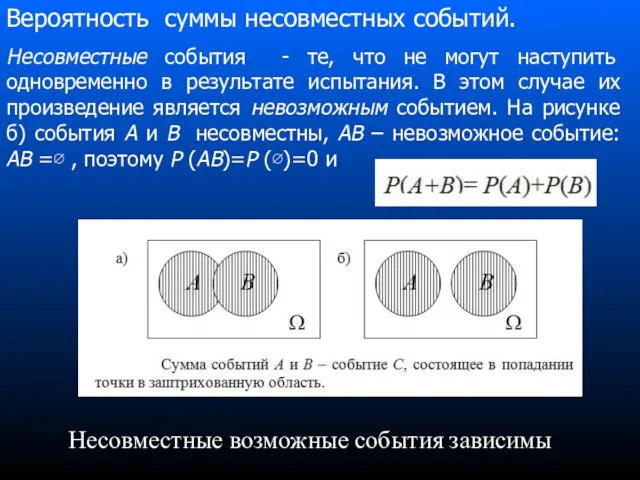 Вероятность суммы несовместных событий. Несовместные события - те, что не