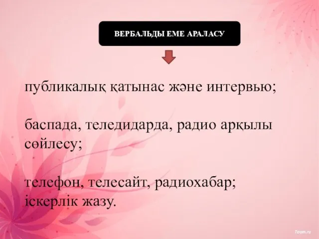 ВЕРБАЛЬДЫ ЕМЕ АРАЛАСУ публикалық қатынас және интервью; баспада, теледидарда, радио