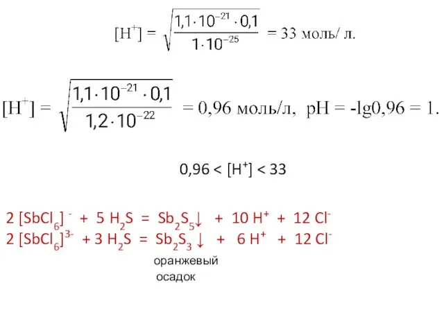 0,96 2 [SbCl6] - + 5 H2S = Sb2S5↓ + 10 H+ +