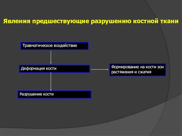 Явления предшествующие разрушению костной ткани Травматическое воздействие Деформация кости Разрушение