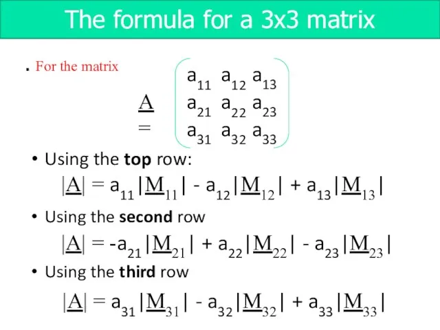 For the matrix Using the top row: |A| = a11|M11|