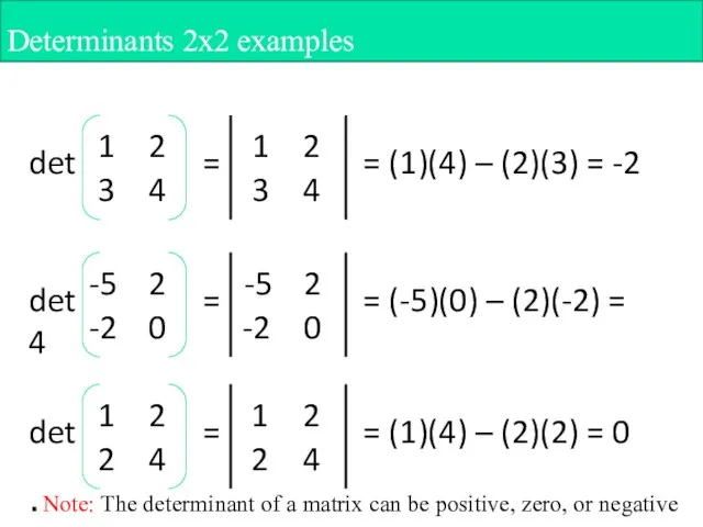 det = = (1)(4) – (2)(3) = -2 Determinants 2x2