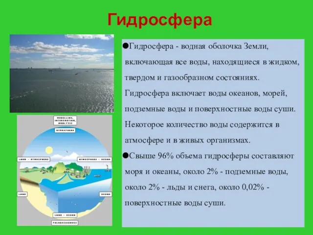 Гидросфера Гидросфера - водная оболочка Земли, включающая все воды, находящиеся