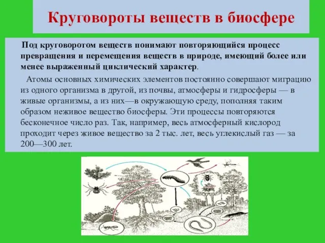 Круговороты веществ в биосфере Под круговоротом веществ понимают повторяющийся процесс