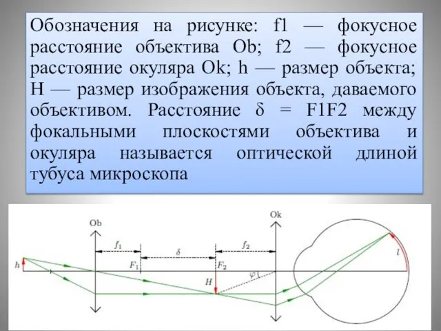 Обозначения на рисунке: f1 — фокусное расстояние объектива Ob; f2