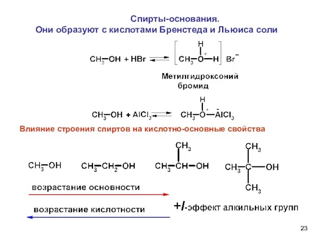 Влияние строения спиртов на кислотно-основные свойства Спирты-основания. Они образуют с кислотами Бренстеда и Льюиса соли
