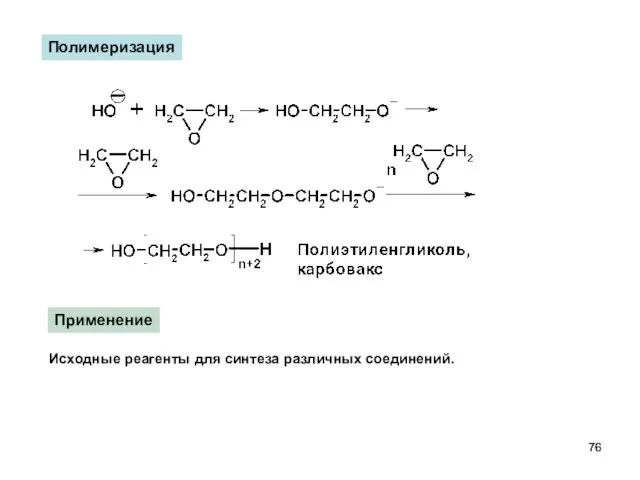 Полимеризация Применение Исходные реагенты для синтеза различных соединений.