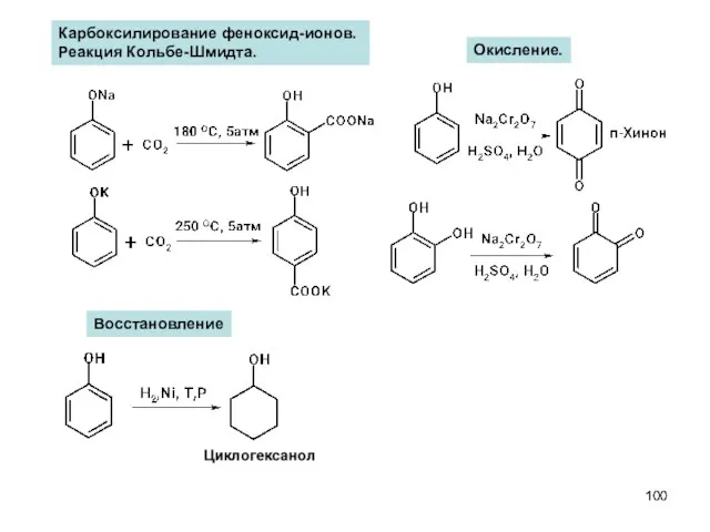 Карбоксилирование феноксид-ионов. Реакция Кольбе-Шмидта. Окисление. Восстановление