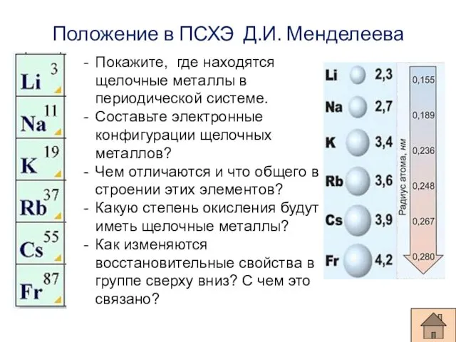 Положение в ПСХЭ Д.И. Менделеева Покажите, где находятся щелочные металлы в периодической системе.