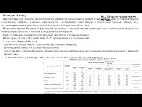 В1.2 Общегеографические методы Балансовый метод. Используется для анализа, прогнозирования и развития динамических систем