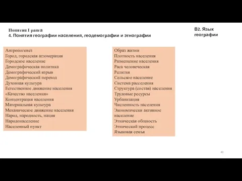 В2. Язык географии Понятия I ранга 4. Понятия географии населения, геодемографии и этнографии