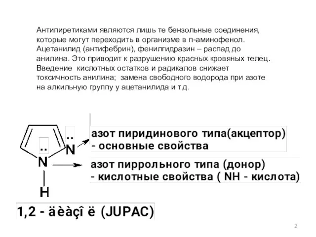 Антипиретиками являются лишь те бензольные соединения, которые могут переходить в организме в п-аминофенол.
