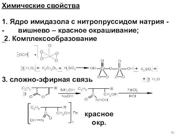 2. Химические свойства 1. Ядро имидазола с нитропруссидом натрия - - вишнево –