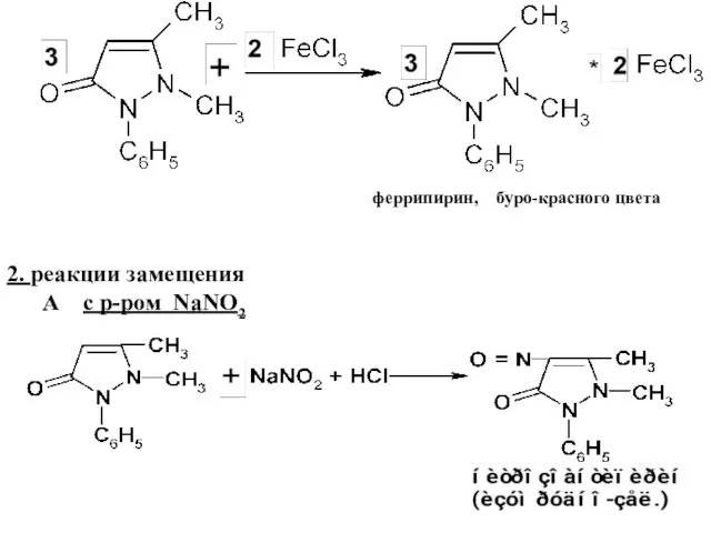 2. реакции замещения А с р-ром NaNO2 феррипирин, буро-красного цвета
