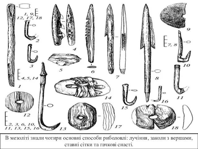 В мезоліті знали чотири основні способи риболовлі: лучіння, заколи з вершами, ставні сітки та гачкові снасті.