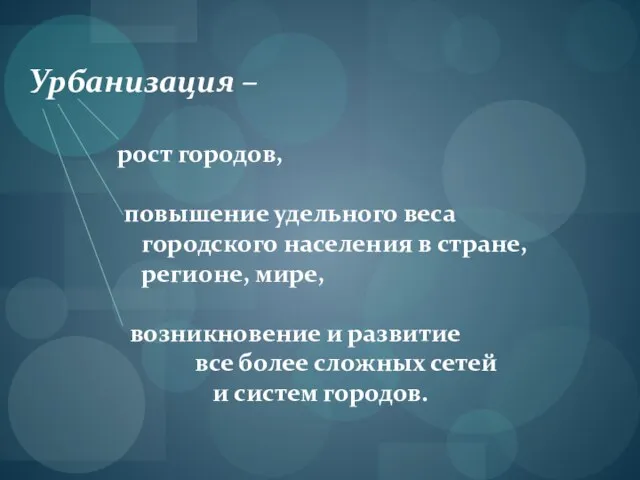 Урбанизация – рост городов, повышение удельного веса городского населения в