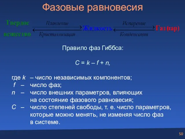 Фазовые равновесия Правило фаз Гиббса: С = k – f