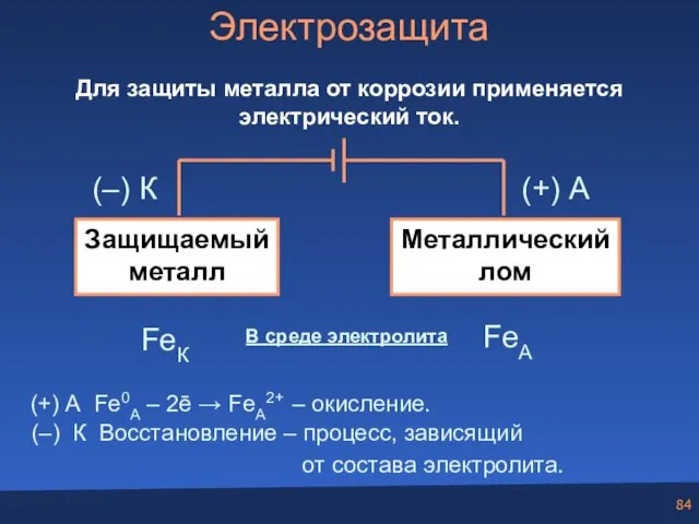 Электрозащита Для защиты металла от коррозии применяется электрический ток. В