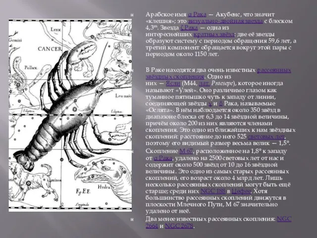 Арабское имя α Рака — Акубенс, что значит «клешня»; это