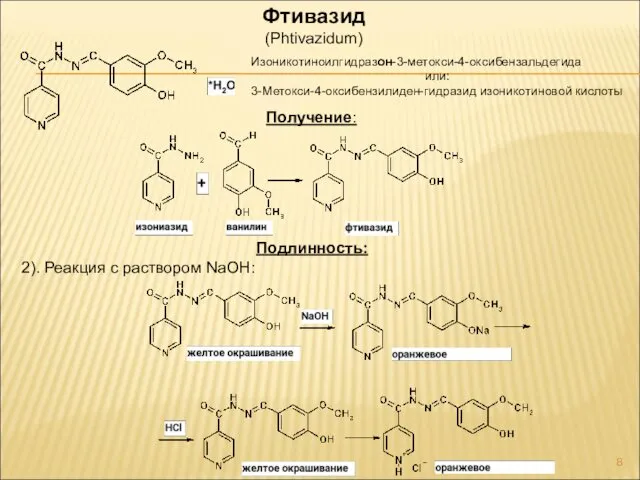 Фтивазид (Phtivazidum) Изоникотиноилгидразон-3-метокси-4-оксибензальдегида или: 3-Метокси-4-оксибензилиден-гидразид изоникотиновой кислоты Получение: Подлинность: 2). Реакция с раствором NaOH: