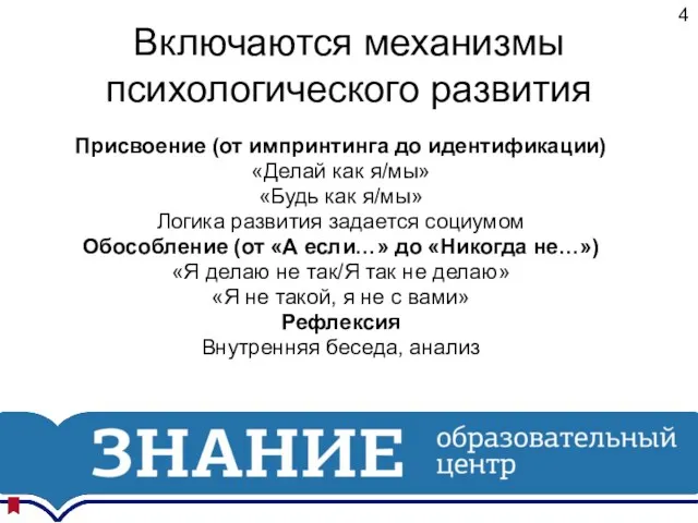 Включаются механизмы психологического развития Присвоение (от импринтинга до идентификации) «Делай