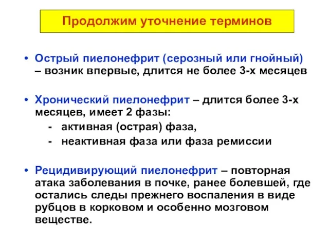 Продолжим уточнение терминов Острый пиелонефрит (серозный или гнойный) – возник