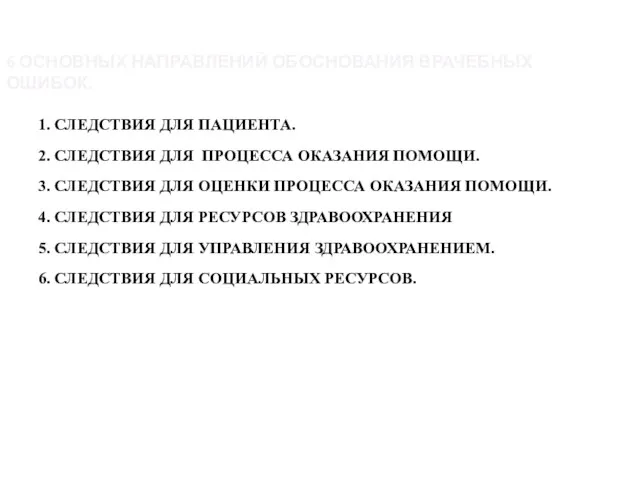 6 ОСНОВНЫХ НАПРАВЛЕНИЙ ОБОСНОВАНИЯ ВРАЧЕБНЫХ ОШИБОК. 1. СЛЕДСТВИЯ ДЛЯ ПАЦИЕНТА.