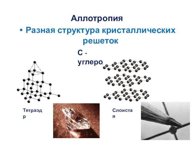 Аллотропия Разная структура кристаллических решеток С - углерод Тетраэдр Слоистая