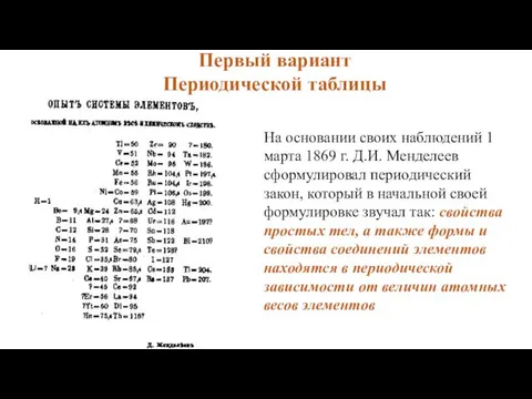 На основании своих наблюдений 1 марта 1869 г. Д.И. Менделеев