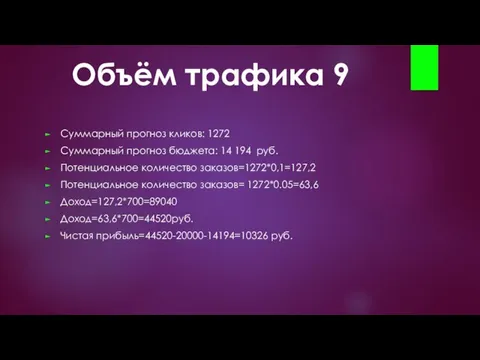 Объём трафика 9 Суммарный прогноз кликов: 1272 Суммарный прогноз бюджета: