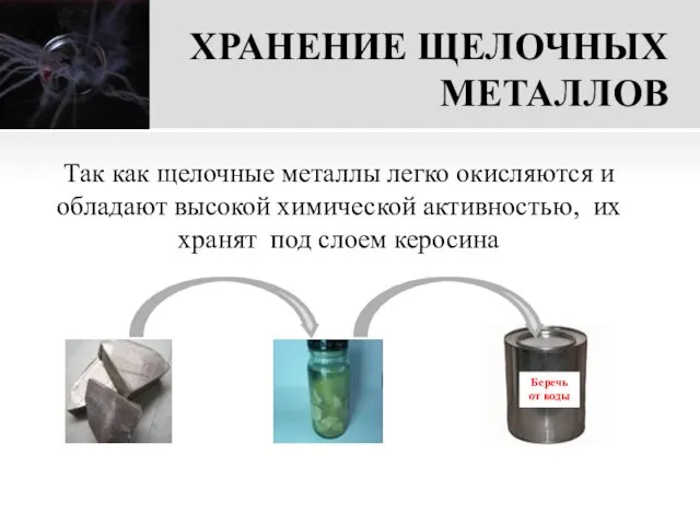ХРАНЕНИЕ ЩЕЛОЧНЫХ МЕТАЛЛОВ Так как щелочные металлы легко окисляются и обладают высокой химической